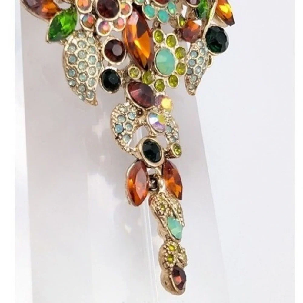 Botanical Rhinestone Brooch Pendant‎ Gold Tone Large Floral Garden Fairy Spring